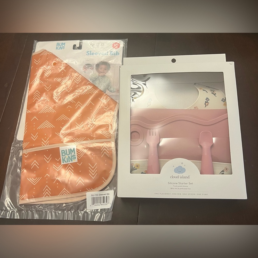 NEW Bumpkins Sleeved Bib + Cloud Island Silicone Placement Bib Spoon Fork